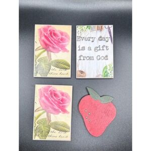 Set of 4 Magnets Wood Inspirational Quotes Roses Strawberry Cottagecore Decor